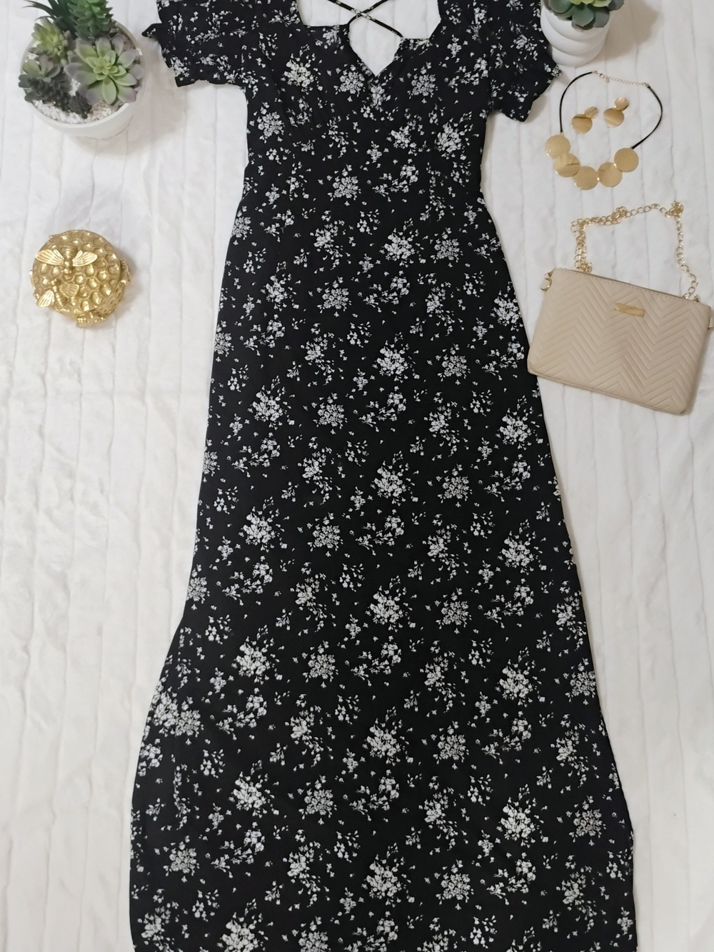 Large Inspired Hearts Black Maxi Dress with White Floral Print